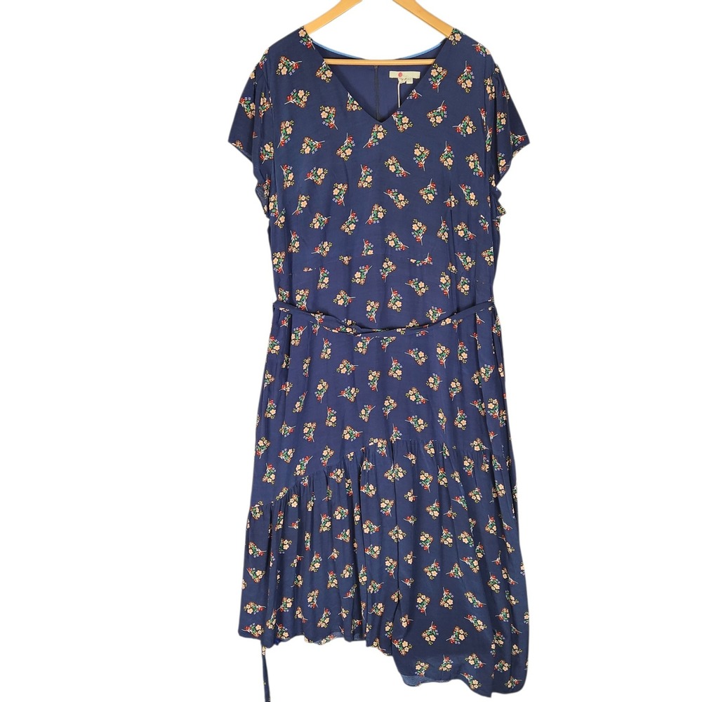Boden Midi Dress Size 18 Navy Floral V-Neck Tiered Asymmetric Hem Preppy NWT